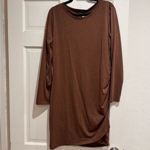 Brown Ruched Maternity Long Sleeve Mini Dress